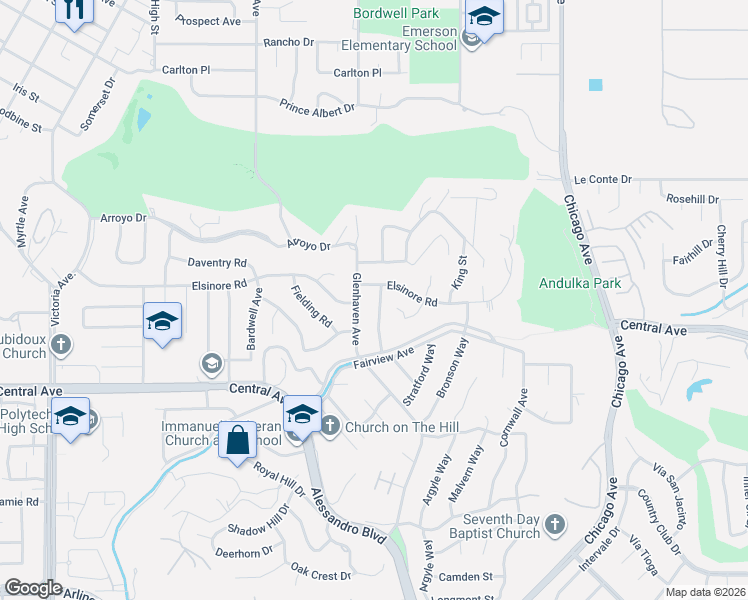 map of restaurants, bars, coffee shops, grocery stores, and more near 5169 Telefair Way in Riverside