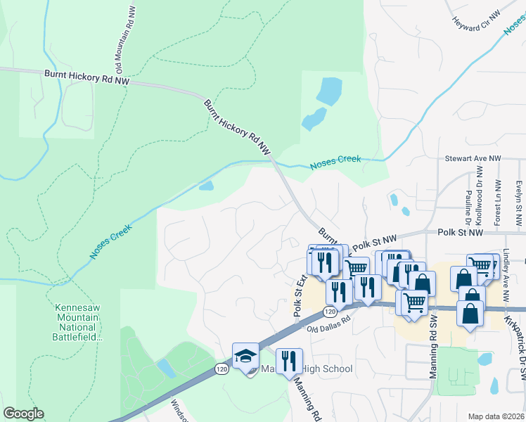 map of restaurants, bars, coffee shops, grocery stores, and more near 851 Devonwood Trail Northwest in Marietta