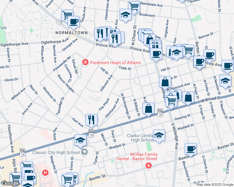 map of restaurants, bars, coffee shops, grocery stores, and more near 230 Indale Avenue in Athens
