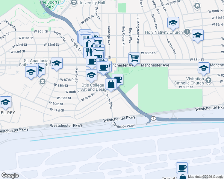 map of restaurants, bars, coffee shops, grocery stores, and more near 9025 Lincoln Blvd in Los Angeles