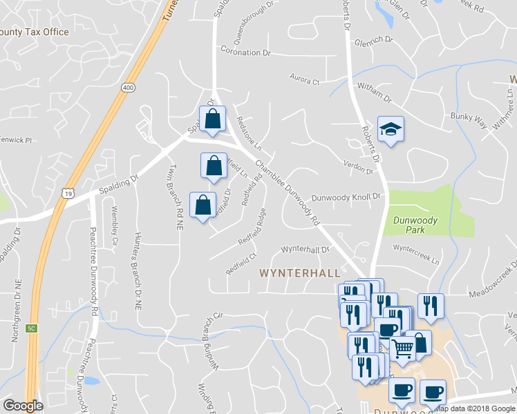 map of restaurants, bars, coffee shops, grocery stores, and more near 1149 Redfield Ridge in Atlanta