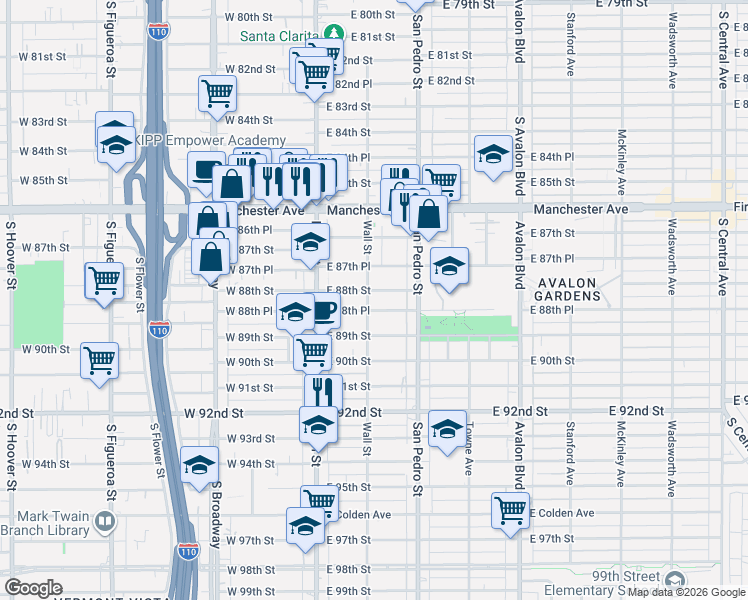 map of restaurants, bars, coffee shops, grocery stores, and more near 204 East 88th Street in Los Angeles