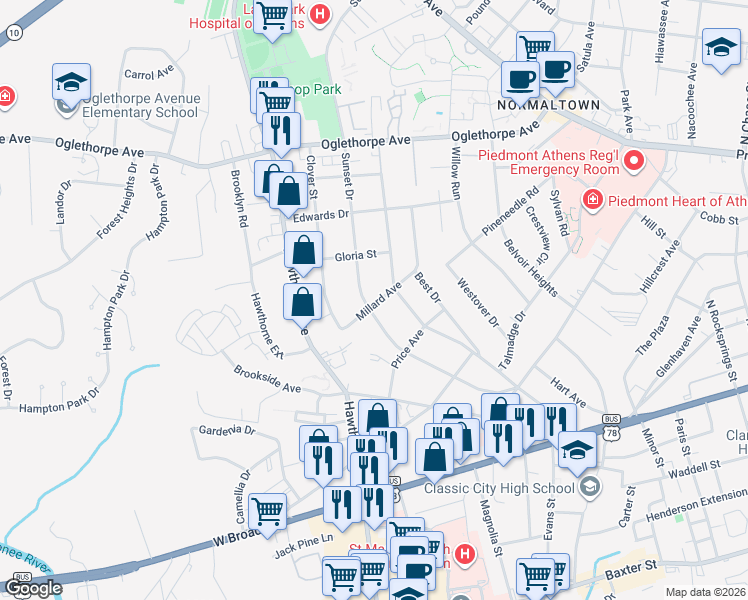 map of restaurants, bars, coffee shops, grocery stores, and more near 230 Millard Street in Athens