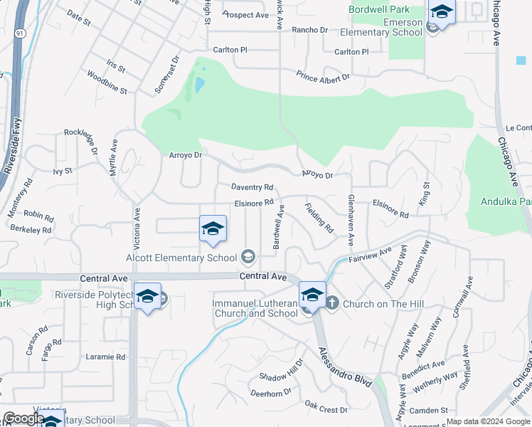 map of restaurants, bars, coffee shops, grocery stores, and more near 5230 Falkirk Avenue in Riverside