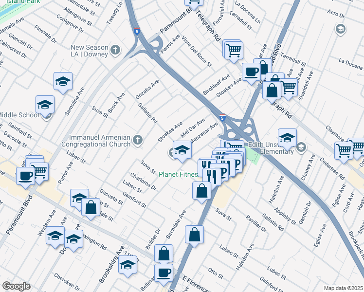 map of restaurants, bars, coffee shops, grocery stores, and more near 9247 Manzanar Avenue in Downey