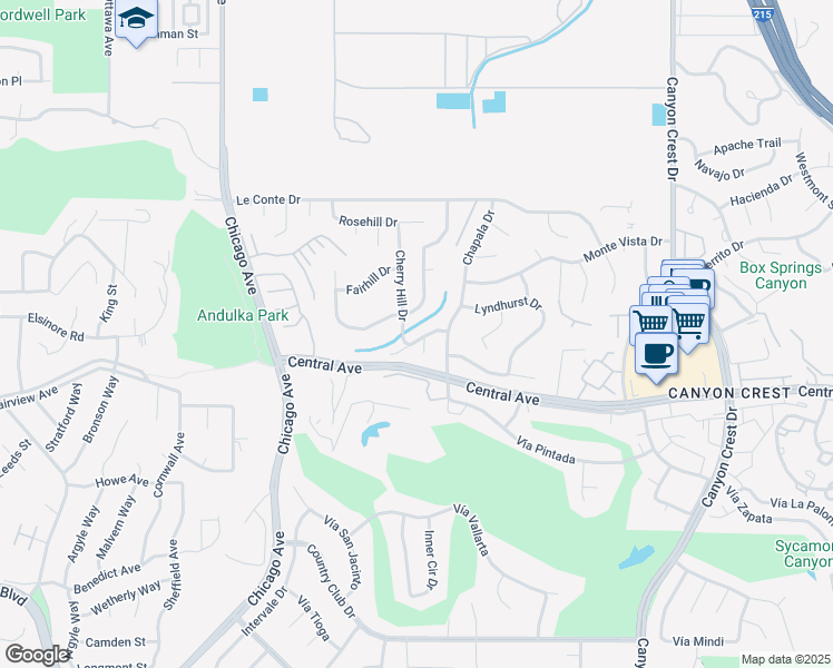 map of restaurants, bars, coffee shops, grocery stores, and more near 1321 Grovehill Drive in Riverside