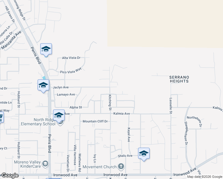 map of restaurants, bars, coffee shops, grocery stores, and more near 25503 Jaclyn Avenue in Moreno Valley