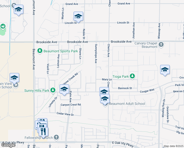 map of restaurants, bars, coffee shops, grocery stores, and more near 1688 Mesquite Vista in Beaumont