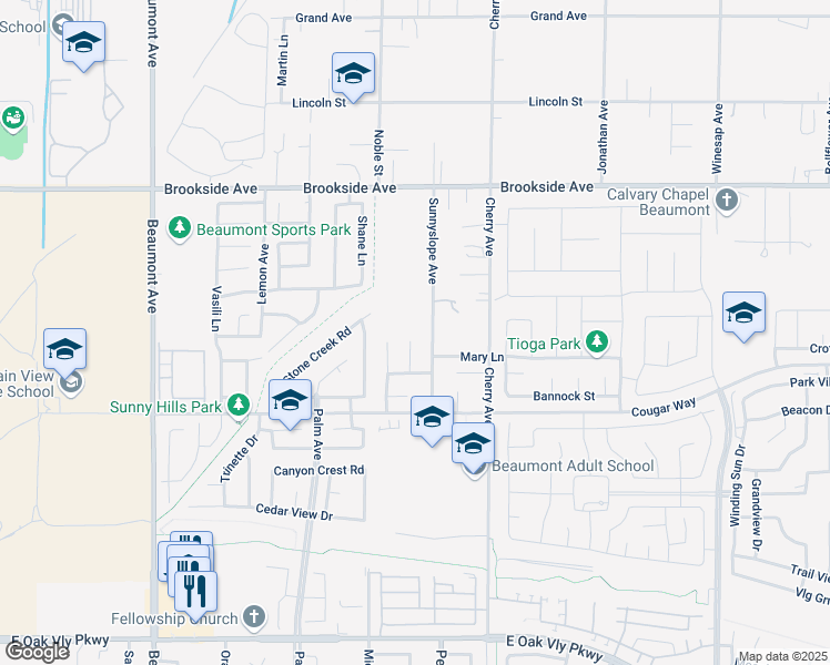 map of restaurants, bars, coffee shops, grocery stores, and more near 1688 Mesquite Vista in Beaumont