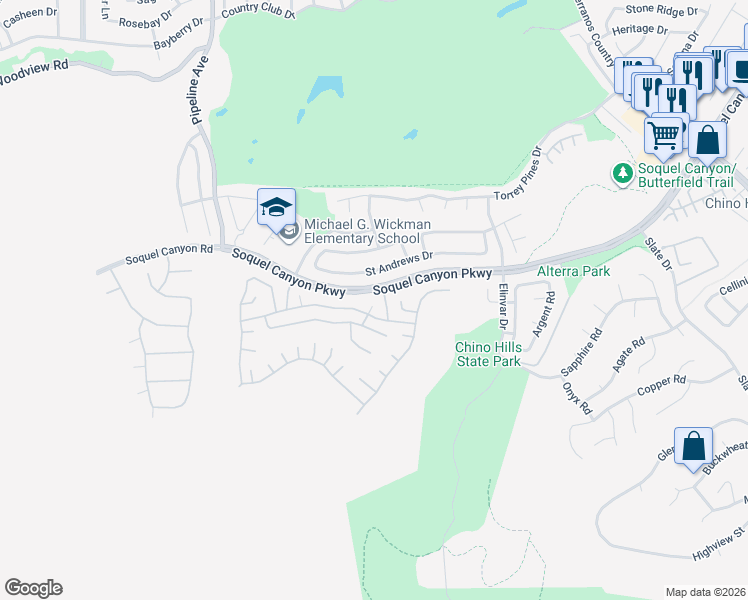 map of restaurants, bars, coffee shops, grocery stores, and more near 16304 Sonnet Place in Chino Hills