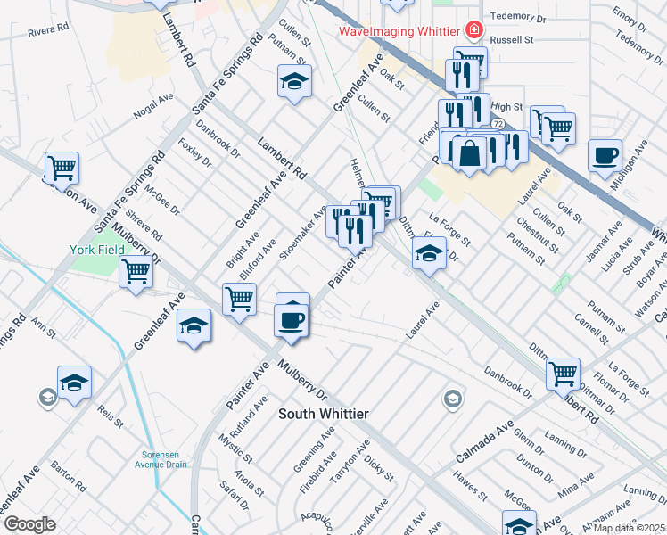 map of restaurants, bars, coffee shops, grocery stores, and more near 13327 Foxley Drive in Whittier