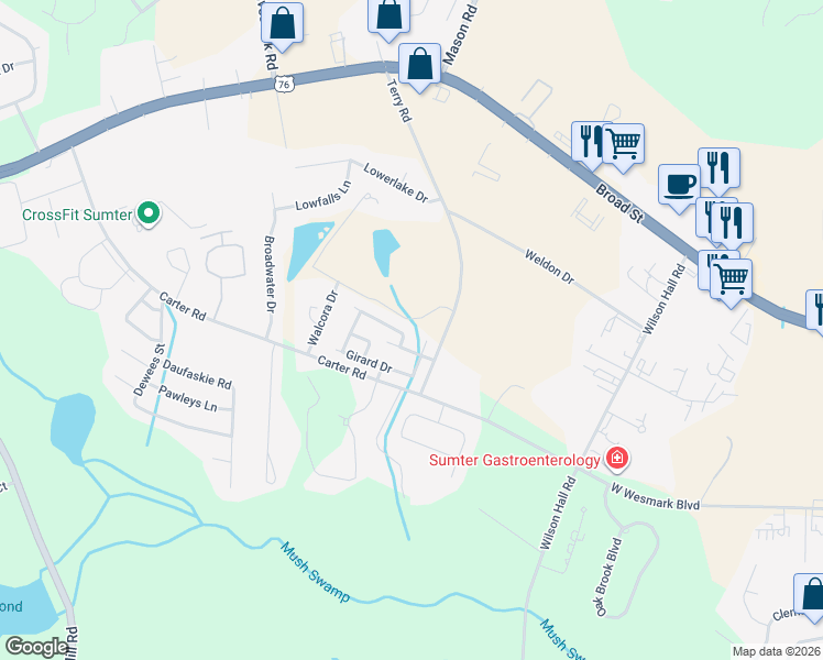 map of restaurants, bars, coffee shops, grocery stores, and more near 3186 Girard Dr in Sumter