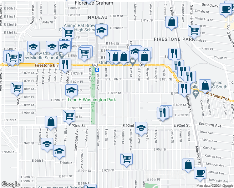 map of restaurants, bars, coffee shops, grocery stores, and more near 8800 Holmes Avenue in Los Angeles