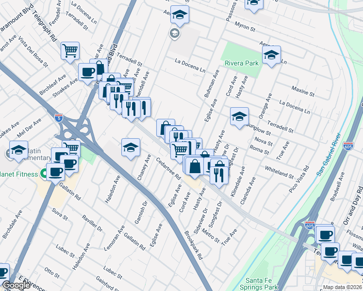 map of restaurants, bars, coffee shops, grocery stores, and more near 9358 Claymore Street in Pico Rivera