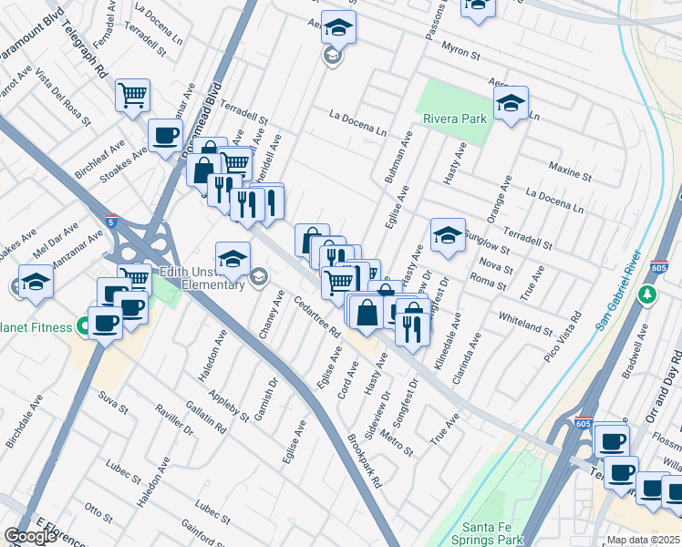 map of restaurants, bars, coffee shops, grocery stores, and more near 9358 Claymore Street in Pico Rivera