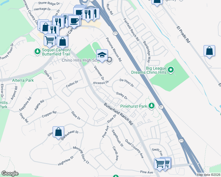 map of restaurants, bars, coffee shops, grocery stores, and more near 16306 Sisley Drive in Chino Hills