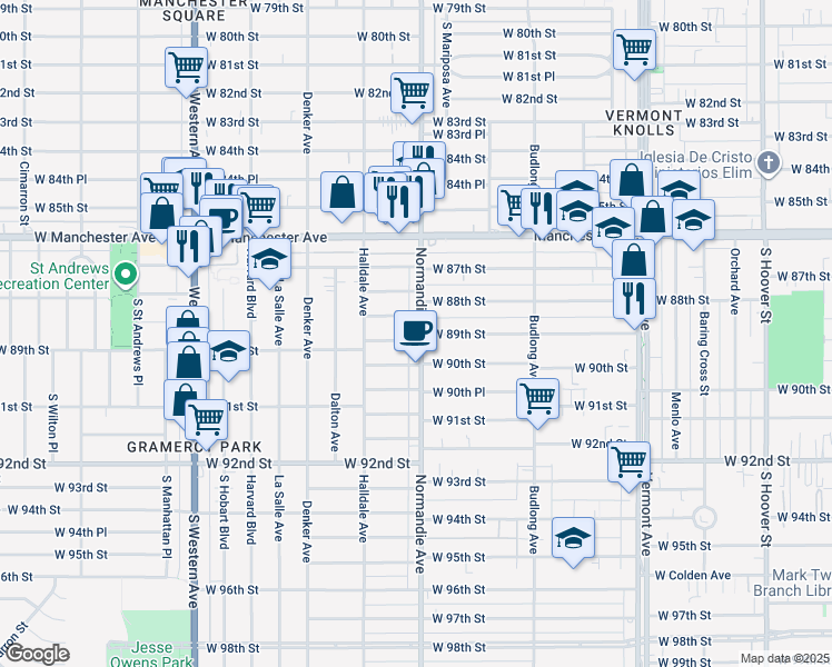 map of restaurants, bars, coffee shops, grocery stores, and more near 8867 Normandie Avenue in Los Angeles