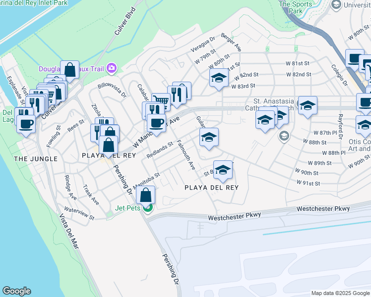 map of restaurants, bars, coffee shops, grocery stores, and more near 8050 Redlands Street in Los Angeles