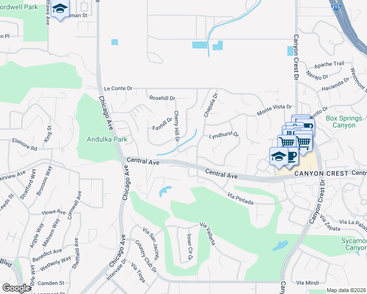 map of restaurants, bars, coffee shops, grocery stores, and more near 1341 Grovehill Drive in Riverside