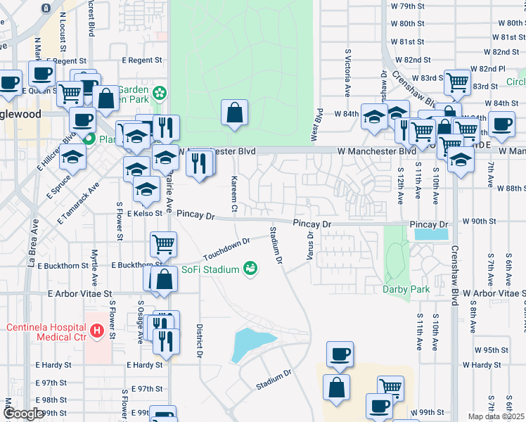 map of restaurants, bars, coffee shops, grocery stores, and more near 8805 Berkshire Way in Inglewood