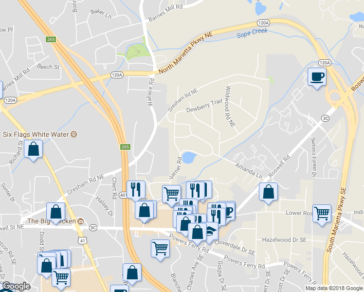 map of restaurants, bars, coffee shops, grocery stores, and more near 1393 Varner Road in Marietta