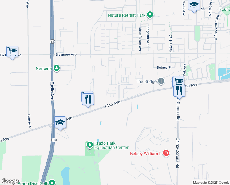 map of restaurants, bars, coffee shops, grocery stores, and more near 16381 Sandpiper Avenue in Chino