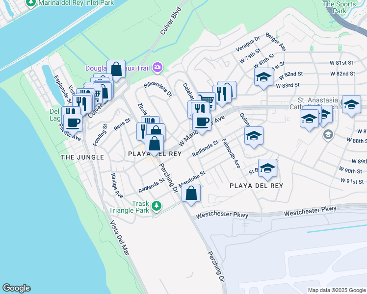 map of restaurants, bars, coffee shops, grocery stores, and more near 8238 West Manchester Avenue in Los Angeles