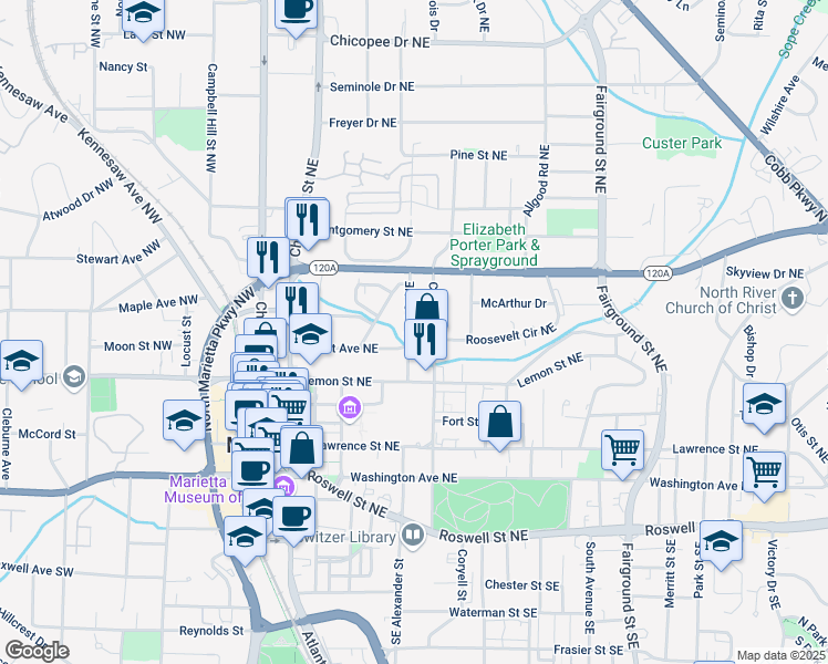 map of restaurants, bars, coffee shops, grocery stores, and more near 228 Hunt Street Northeast in Marietta