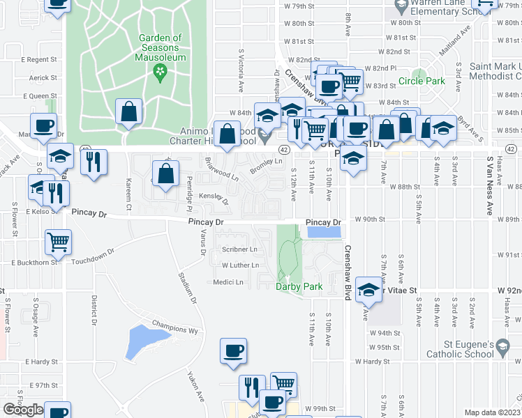 map of restaurants, bars, coffee shops, grocery stores, and more near 3500 West Manchester Boulevard in Inglewood