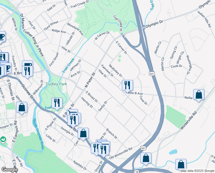 map of restaurants, bars, coffee shops, grocery stores, and more near 277 Arch Street in Athens