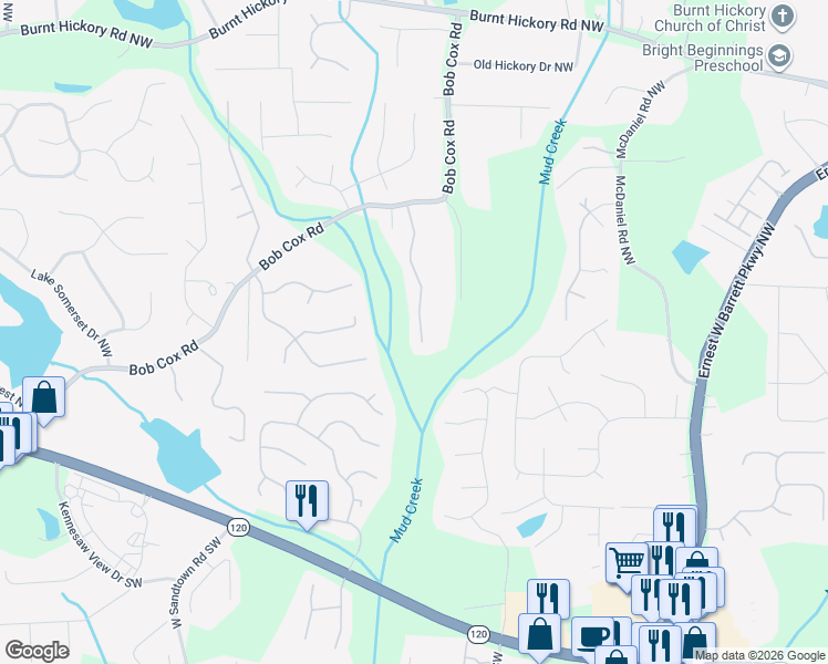 map of restaurants, bars, coffee shops, grocery stores, and more near 135 Cox Farm Road Northwest in Marietta