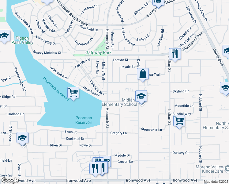 map of restaurants, bars, coffee shops, grocery stores, and more near 24044 Roseleaf Place in Moreno Valley