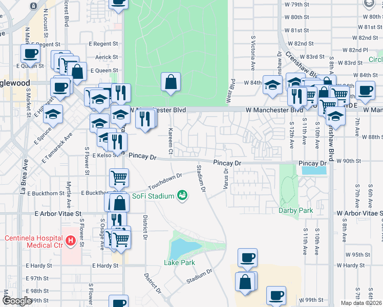 map of restaurants, bars, coffee shops, grocery stores, and more near 8805 Berkshire Way in Inglewood