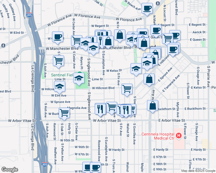 map of restaurants, bars, coffee shops, grocery stores, and more near 235 West Hillcrest Boulevard in Inglewood
