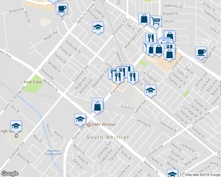 map of restaurants, bars, coffee shops, grocery stores, and more near 13327 Foxley Drive in Whittier