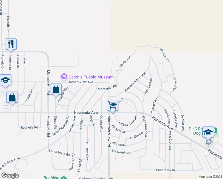 map of restaurants, bars, coffee shops, grocery stores, and more near 12585 Mountain View Road in Desert Hot Springs