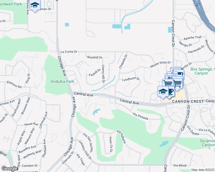 map of restaurants, bars, coffee shops, grocery stores, and more near 1321 Grovehill Drive in Riverside