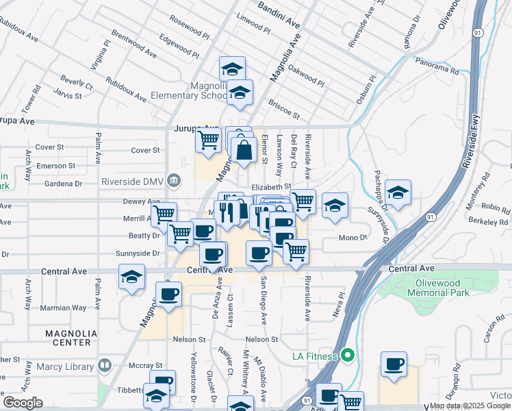 map of restaurants, bars, coffee shops, grocery stores, and more near 3631 Merrill Avenue in Riverside