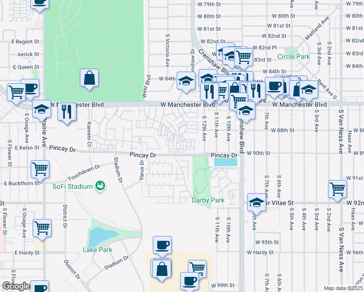 map of restaurants, bars, coffee shops, grocery stores, and more near 3500 West Manchester Boulevard in Inglewood