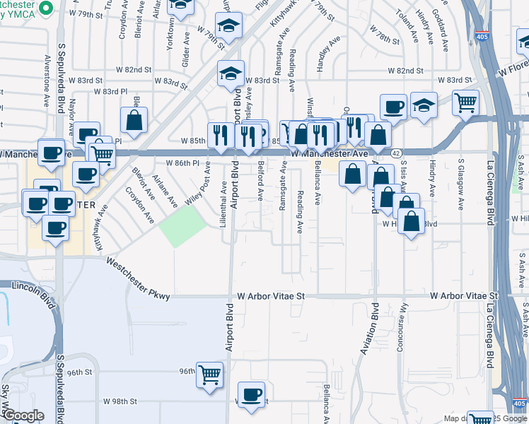 map of restaurants, bars, coffee shops, grocery stores, and more near 8735 Belford Avenue in Los Angeles