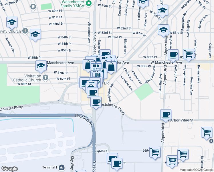 map of restaurants, bars, coffee shops, grocery stores, and more near 8939 South Sepulveda Boulevard in Los Angeles