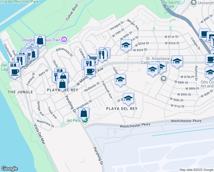 map of restaurants, bars, coffee shops, grocery stores, and more near 8050 Redlands Street in Los Angeles
