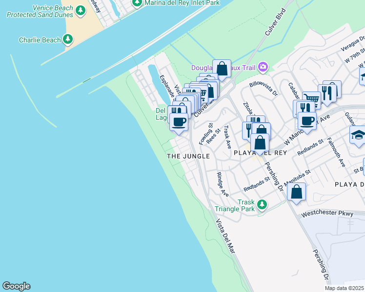 map of restaurants, bars, coffee shops, grocery stores, and more near 124 Montreal Street in Los Angeles