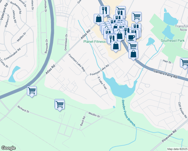 map of restaurants, bars, coffee shops, grocery stores, and more near 410 Fountain Lake Road in Columbia