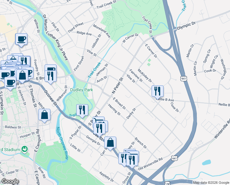 map of restaurants, bars, coffee shops, grocery stores, and more near 137 North Peter Street in Athens