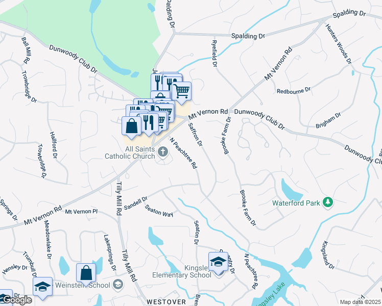map of restaurants, bars, coffee shops, grocery stores, and more near 5513 North Peachtree Road in Dunwoody