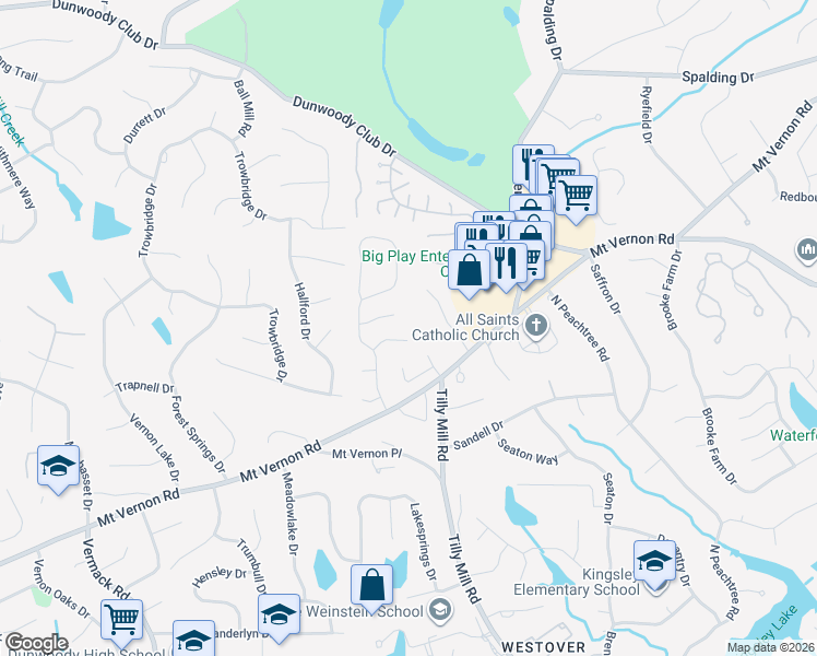 map of restaurants, bars, coffee shops, grocery stores, and more near 1957 Rotherham Way in Atlanta