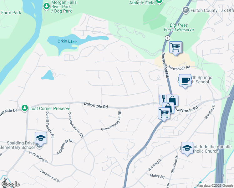 map of restaurants, bars, coffee shops, grocery stores, and more near 180 Old College Way Northeast in Atlanta