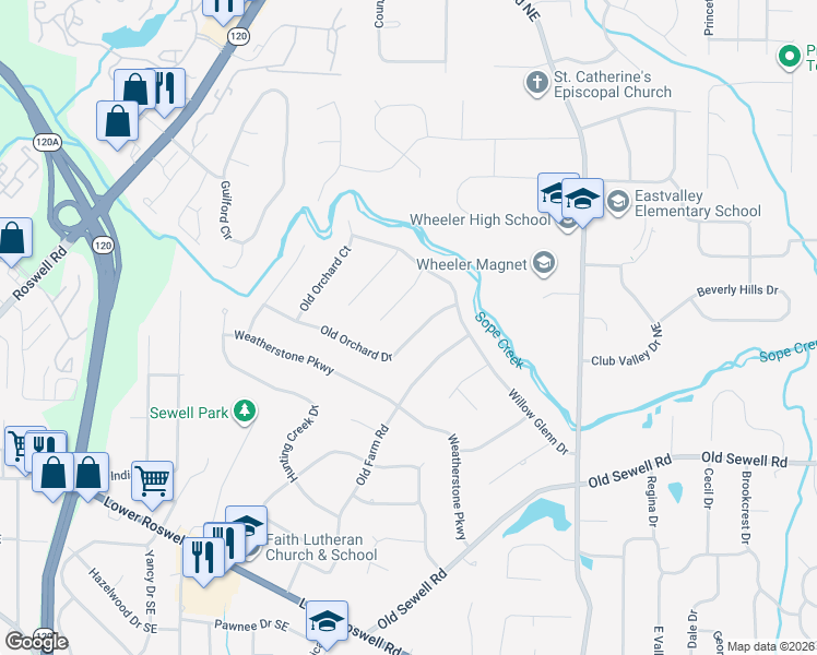 map of restaurants, bars, coffee shops, grocery stores, and more near 2325 Old Orchard Drive in Marietta