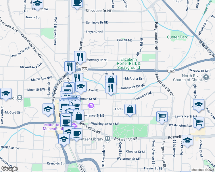 map of restaurants, bars, coffee shops, grocery stores, and more near 228 Hunt Street Northeast in Marietta